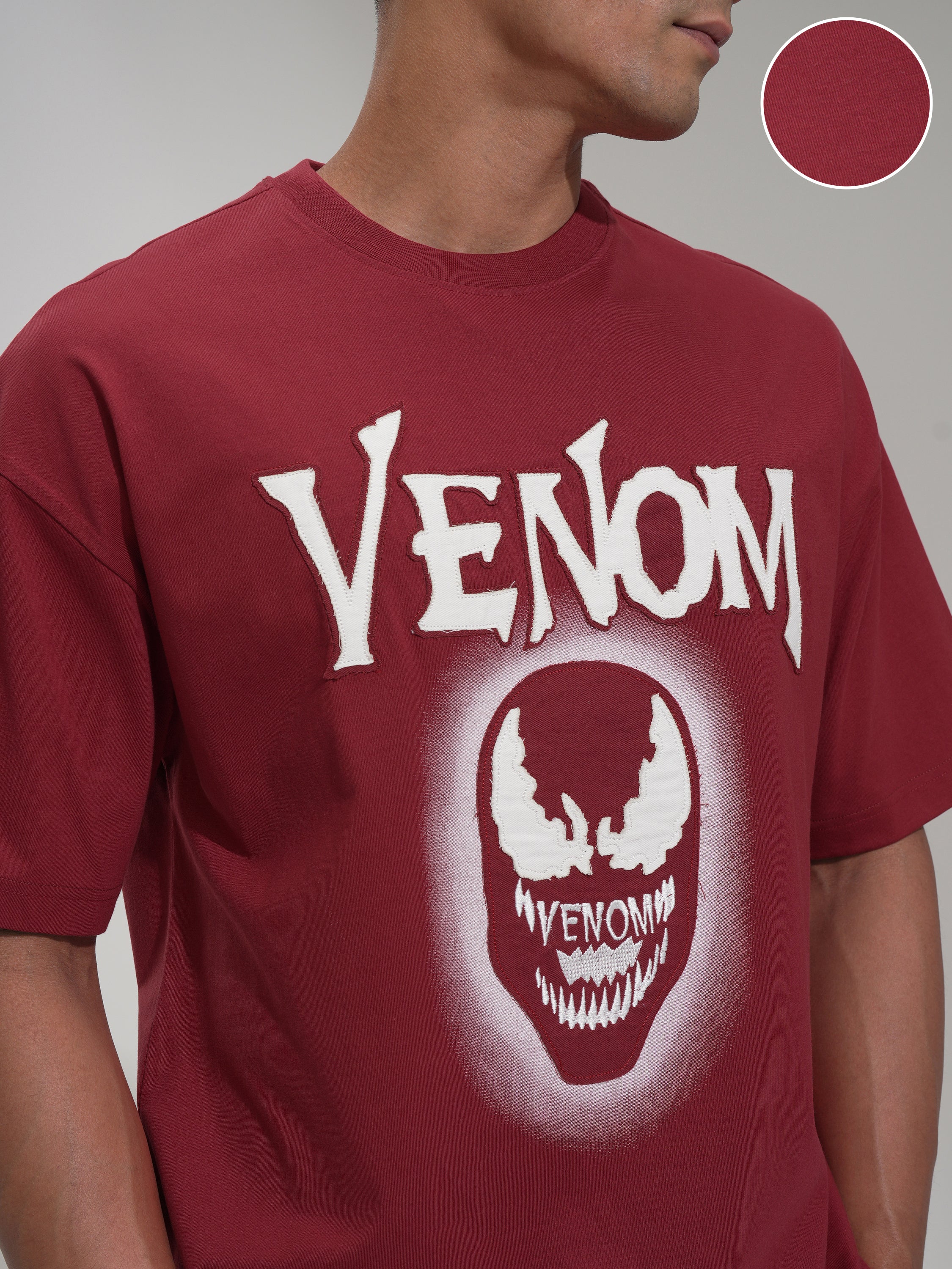Marvel By Highlander Men Maroon Venom Printed Round Neck Oversized Fit T-Shirt - Maroon - Image 5