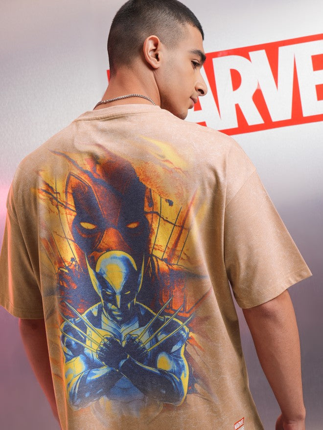 Marvel By Highlander Men Brown Deadpool Printed Round Neck Oversized Fit T-Shirt - Brown - Image 1