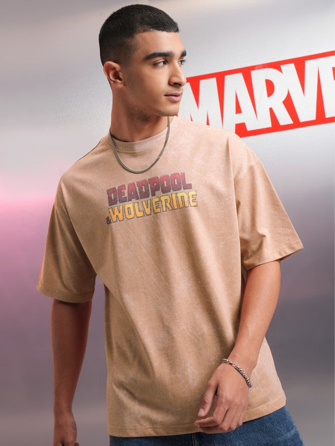 Marvel By Highlander Men Brown Deadpool Printed Round Neck Oversized Fit T-Shirt - Brown - Image 3