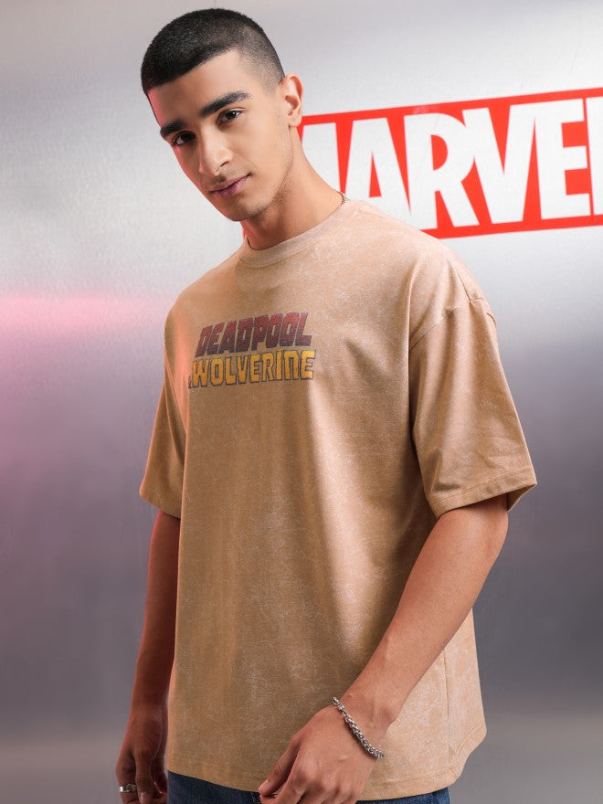 Marvel By Highlander Men Brown Deadpool Printed Round Neck Oversized Fit T-Shirt - Brown - Image 4