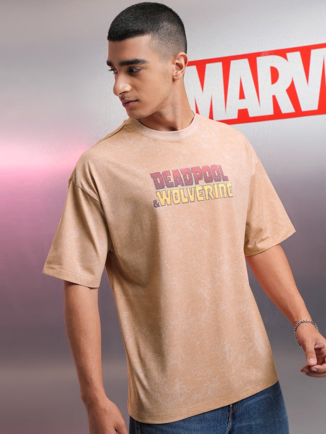 Marvel By Highlander Men Brown Deadpool Printed Round Neck Oversized Fit T-Shirt - Brown - Image 6