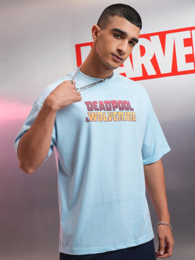 Marvel By Highlander Men Blue Deadpool Printed Round Neck Oversized Fit T-Shirt - Blue - Image 3