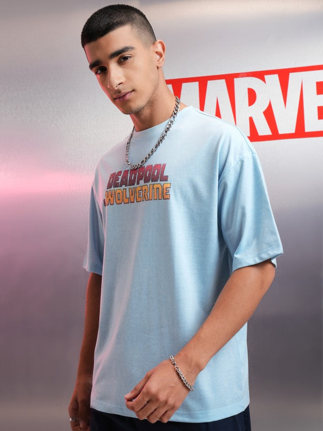 Marvel By Highlander Men Blue Deadpool Printed Round Neck Oversized Fit T-Shirt - Blue - Image 4