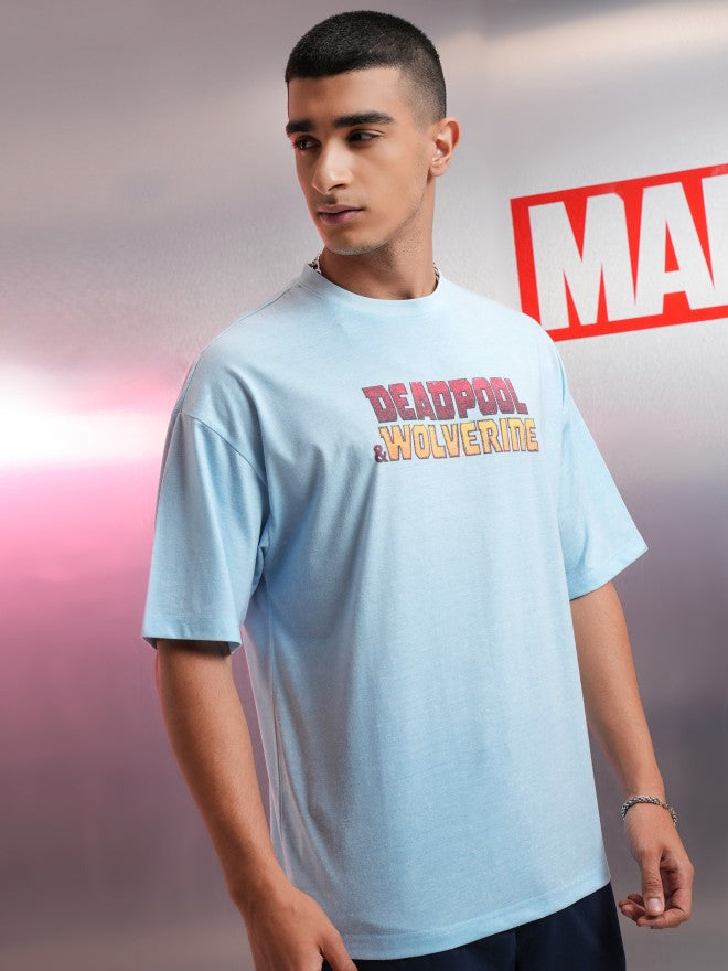 Marvel By Highlander Men Blue Deadpool Printed Round Neck Oversized Fit T-Shirt - Blue - Image 6