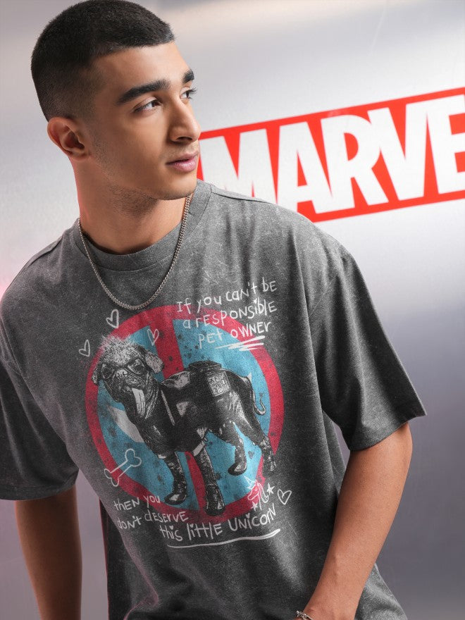 Marvel By Highlander Men Charcoal Dogpool Printed Round Neck Oversized Fit T-Shirt - Charcoal - Image 1