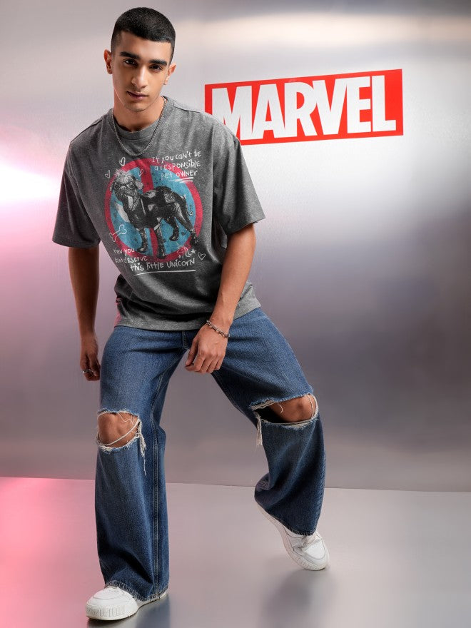 Marvel By Highlander Men Charcoal Dogpool Printed Round Neck Oversized Fit T-Shirt - Charcoal - Image 2