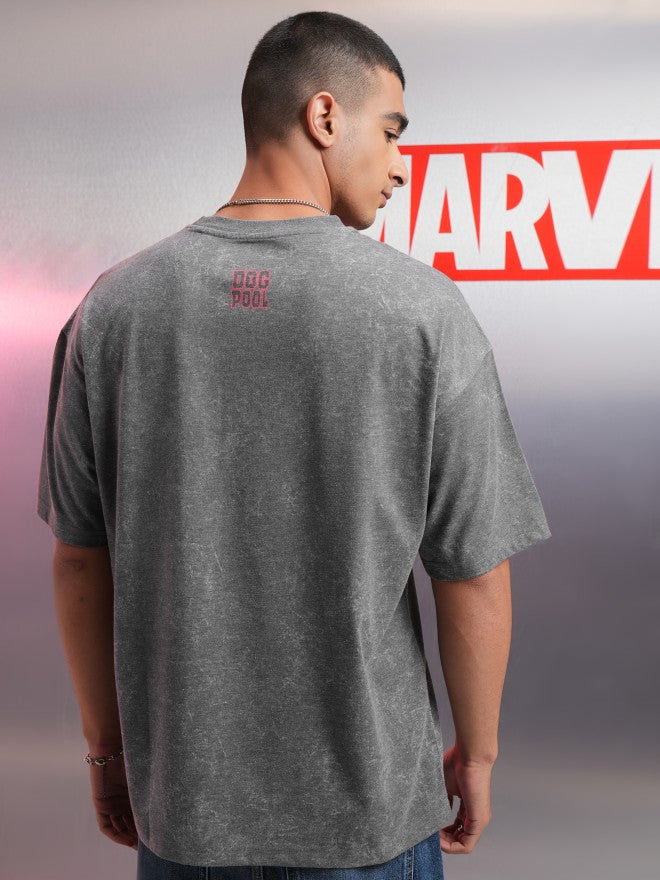 Marvel By Highlander Men Charcoal Dogpool Printed Round Neck Oversized Fit T-Shirt - Charcoal - Image 3