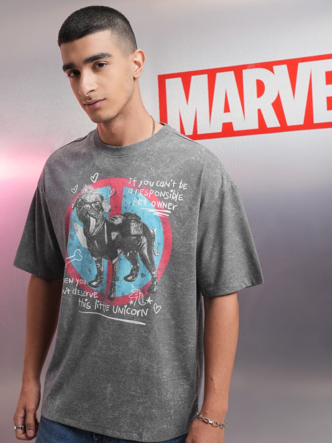Marvel By Highlander Men Charcoal Dogpool Printed Round Neck Oversized Fit T-Shirt - Charcoal - Image 4