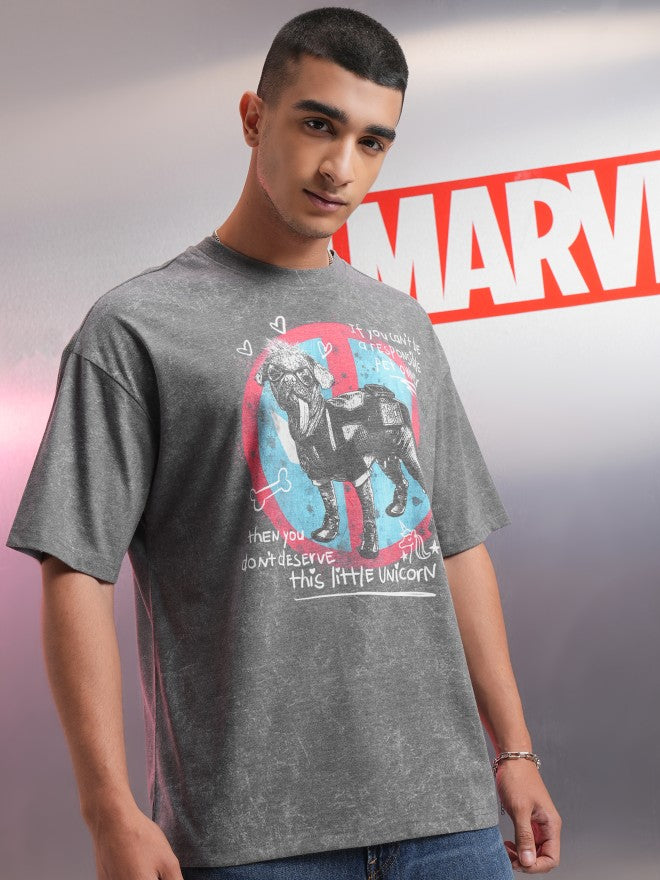 Marvel By Highlander Men Charcoal Dogpool Printed Round Neck Oversized Fit T-Shirt - Charcoal - Image 6
