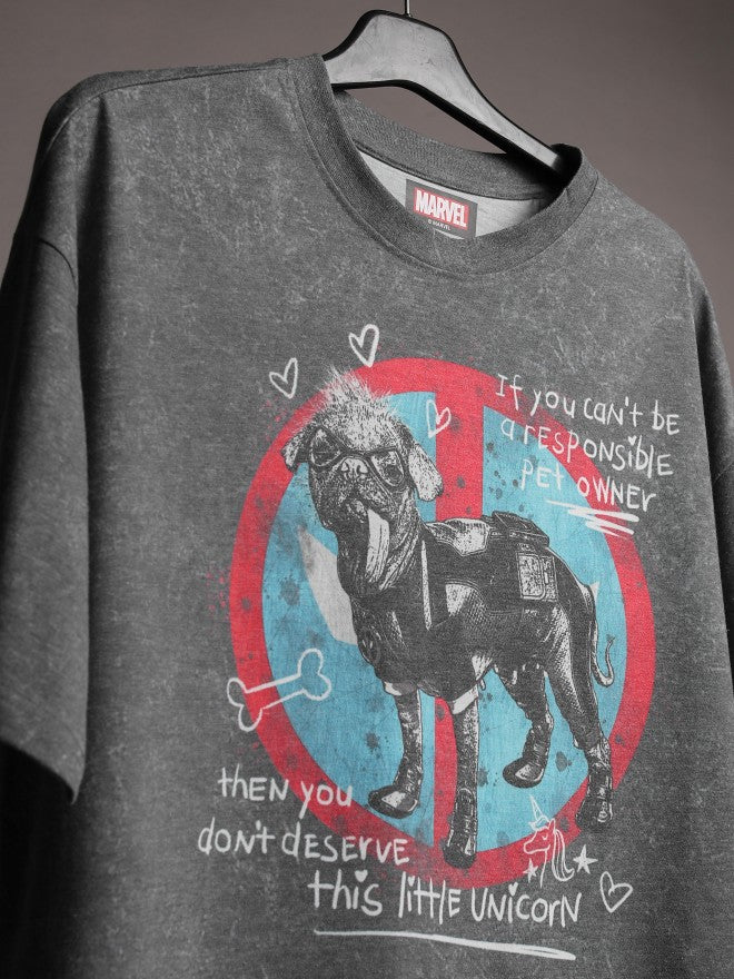 Marvel By Highlander Men Charcoal Dogpool Printed Round Neck Oversized Fit T-Shirt - Charcoal - Image 7