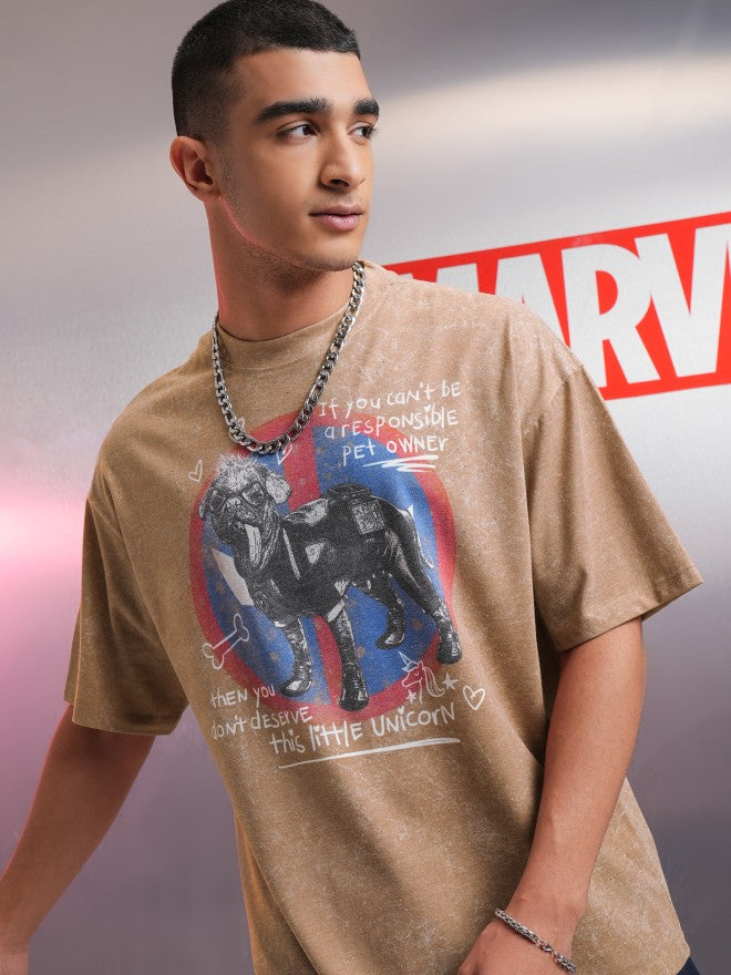 Marvel By Highlander Men Brown Dogpool Printed Round Neck Oversized Fit T-Shirt - Brown - Image 1