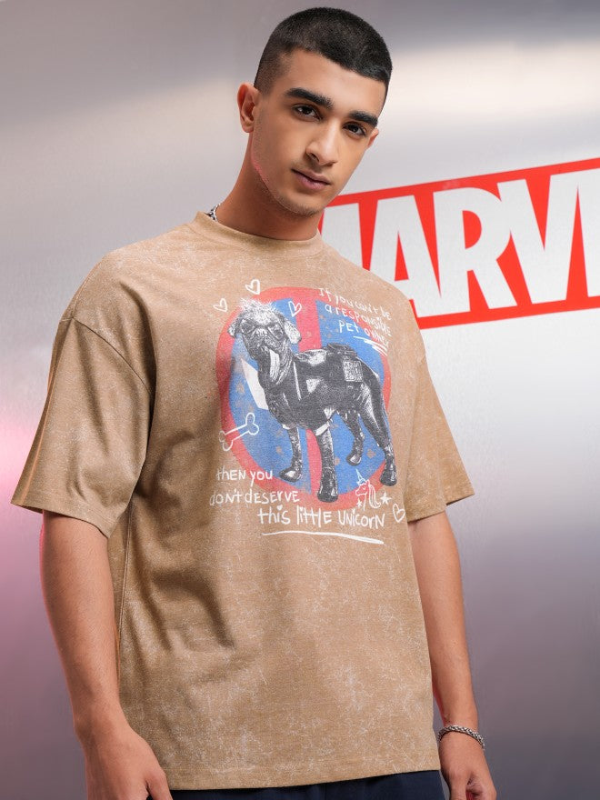 Marvel By Highlander Men Brown Dogpool Printed Round Neck Oversized Fit T-Shirt - Brown - Image 6