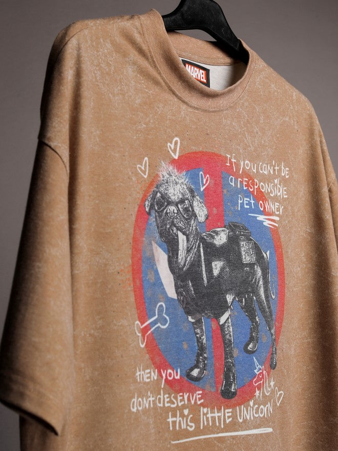 Marvel By Highlander Men Brown Dogpool Printed Round Neck Oversized Fit T-Shirt - Brown - Image 7