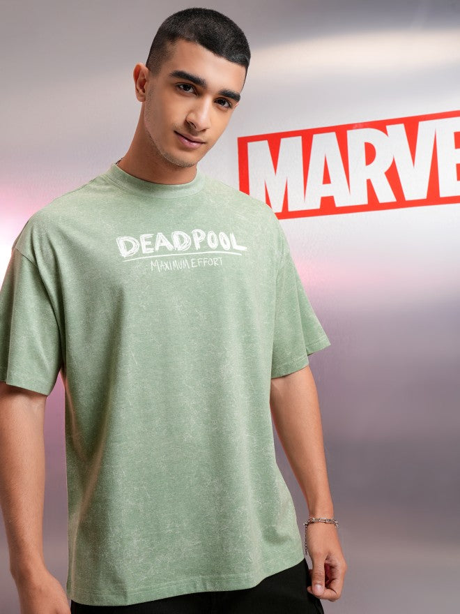 Marvel By Highlander Men Green Deadpool Printed Round Neck Oversized Fit T-Shirt - Green - Image 3