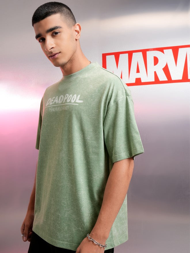 Marvel By Highlander Men Green Deadpool Printed Round Neck Oversized Fit T-Shirt - Green - Image 4