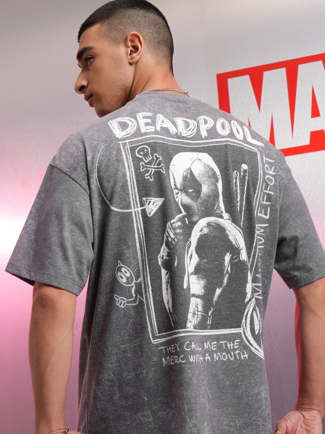 Marvel By Highlander Men Charcoal Deadpool Printed Round Neck Oversized Fit T-Shirt - Charcoal - Image 1