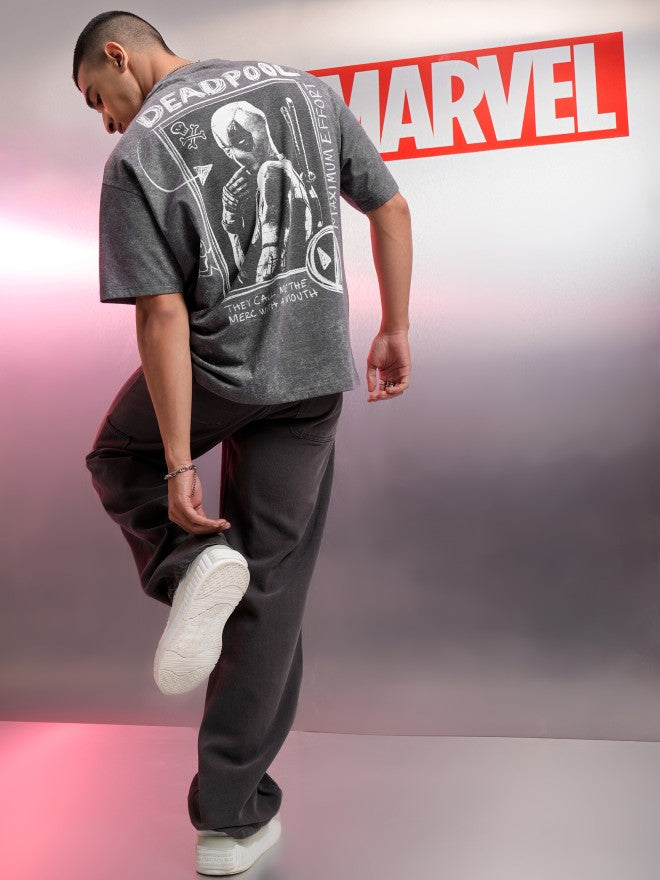 Marvel By Highlander Men Charcoal Deadpool Printed Round Neck Oversized Fit T-Shirt - Charcoal - Image 2