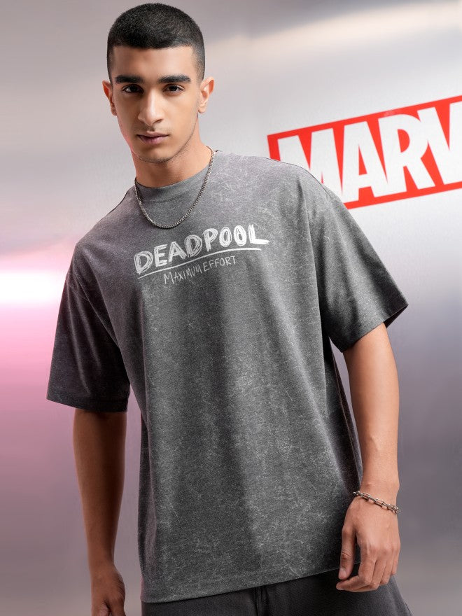 Marvel By Highlander Men Charcoal Deadpool Printed Round Neck Oversized Fit T-Shirt - Charcoal - Image 3