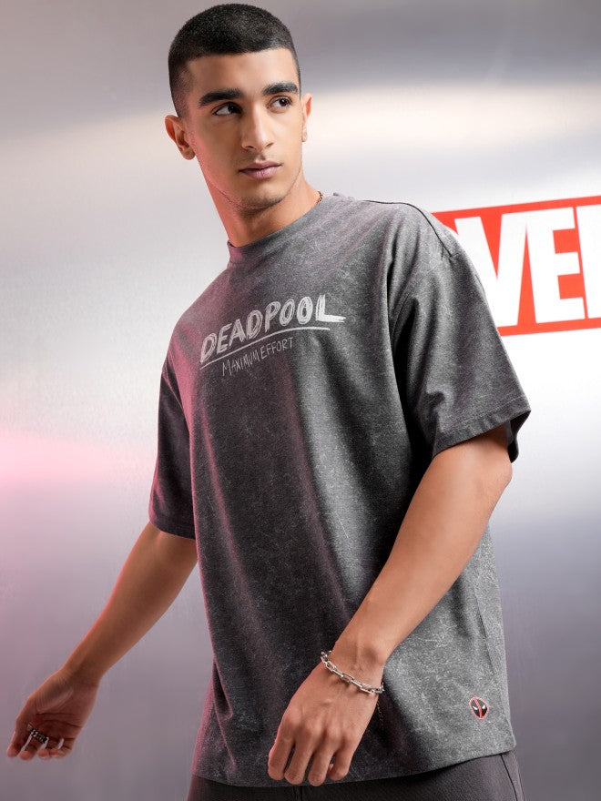 Marvel By Highlander Men Charcoal Deadpool Printed Round Neck Oversized Fit T-Shirt - Charcoal - Image 4
