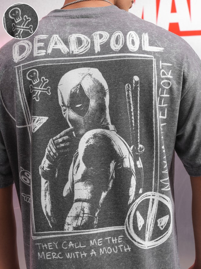 Marvel By Highlander Men Charcoal Deadpool Printed Round Neck Oversized Fit T-Shirt - Charcoal - Image 5