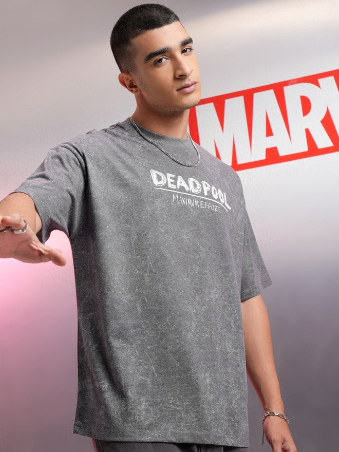 Marvel By Highlander Men Charcoal Deadpool Printed Round Neck Oversized Fit T-Shirt - Charcoal - Image 6