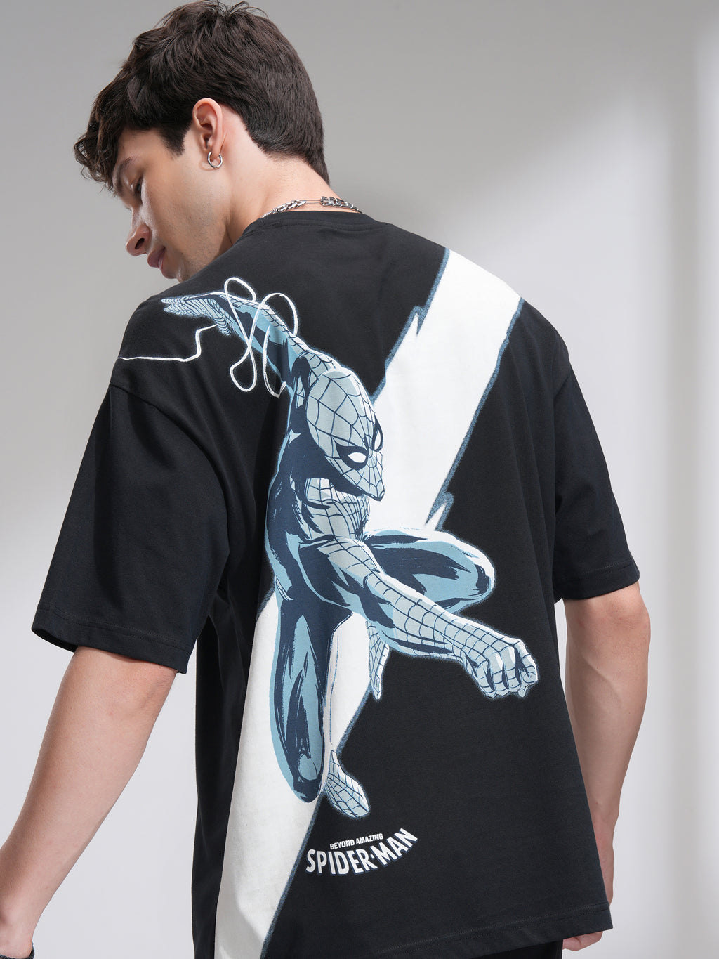 Marvel By Highlander Men Black Spider-Man Printed Round Neck Oversized Fit T-Shirt - Black - Image 1