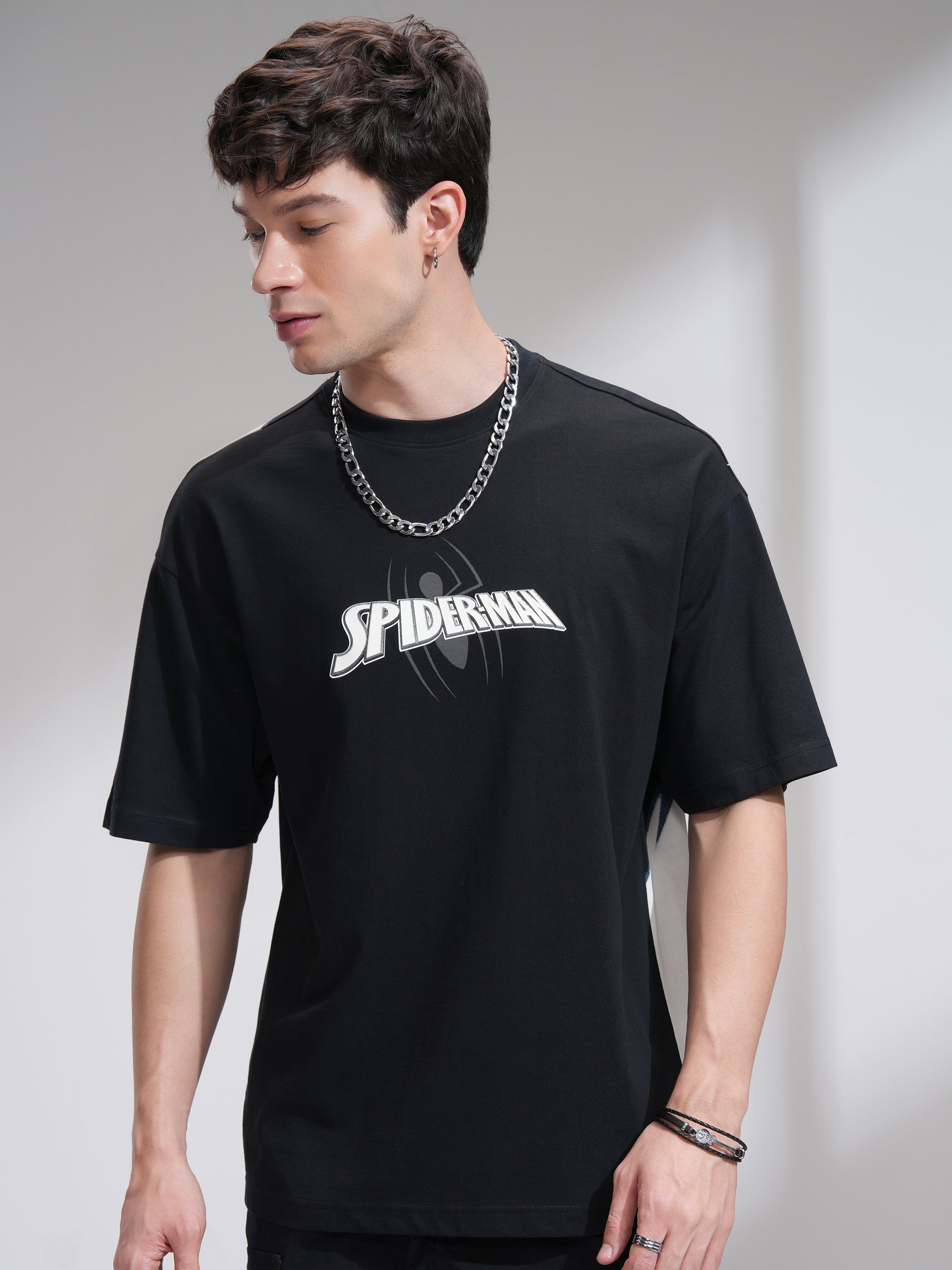 Marvel By Highlander Men Black Spider-Man Printed Round Neck Oversized Fit T-Shirt - Black - Image 3