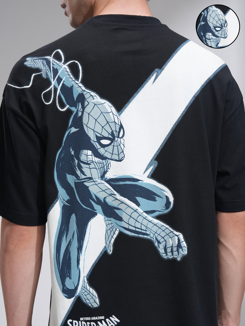 Marvel By Highlander Men Black Spider-Man Printed Round Neck Oversized Fit T-Shirt - Black - Image 5