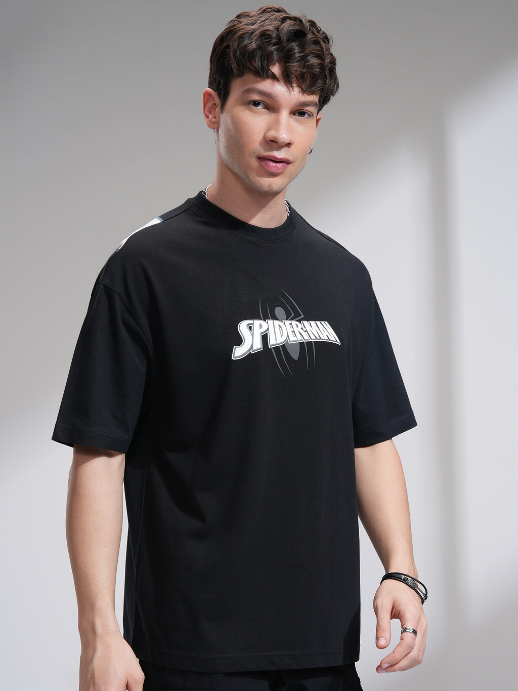 Marvel By Highlander Men Black Spider-Man Printed Round Neck Oversized Fit T-Shirt - Black - Image 6