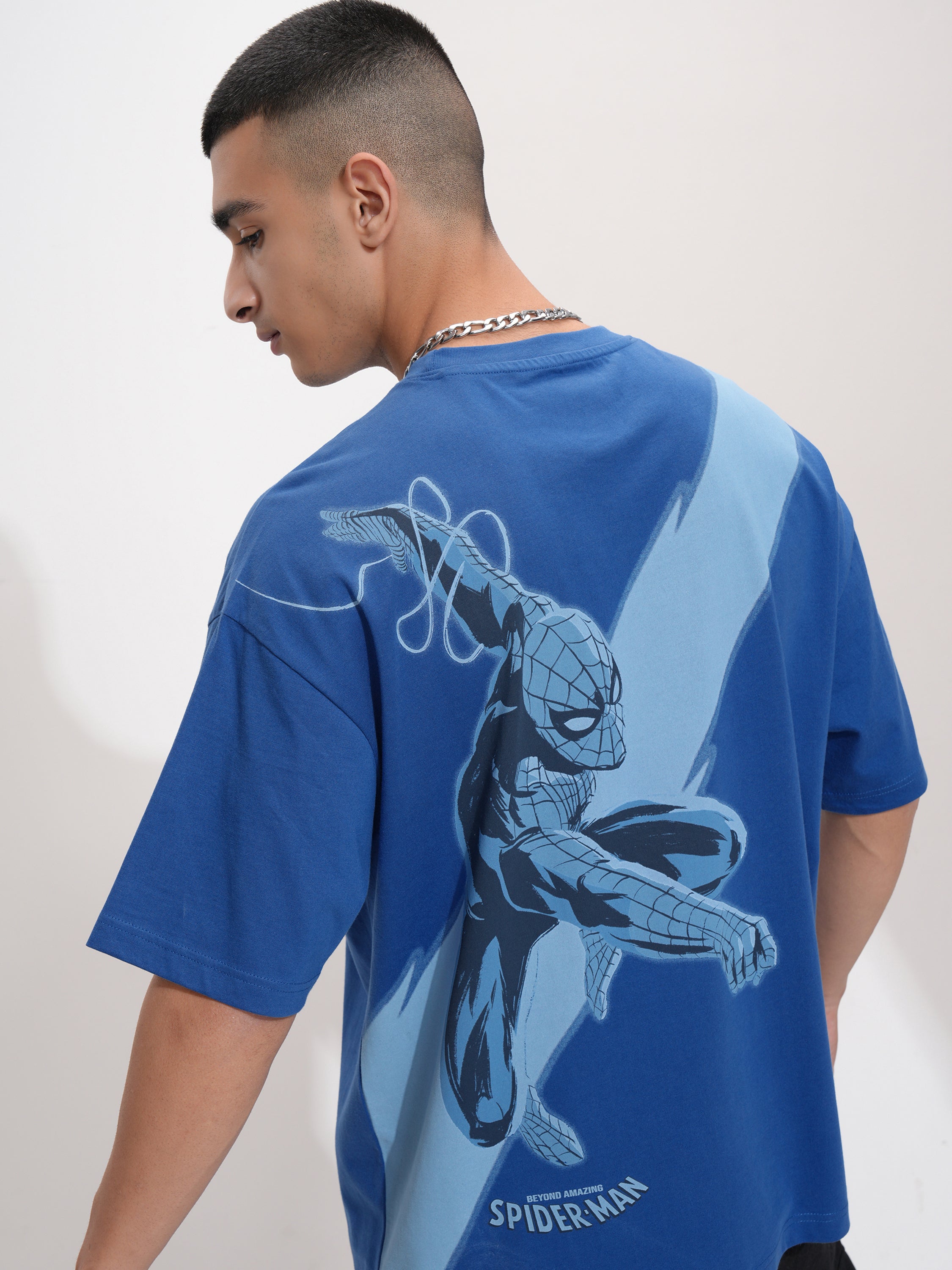 Marvel By Highlander Men Blue Spider-Man Printed Round Neck Oversized Fit T-Shirt - Blue - Image 1