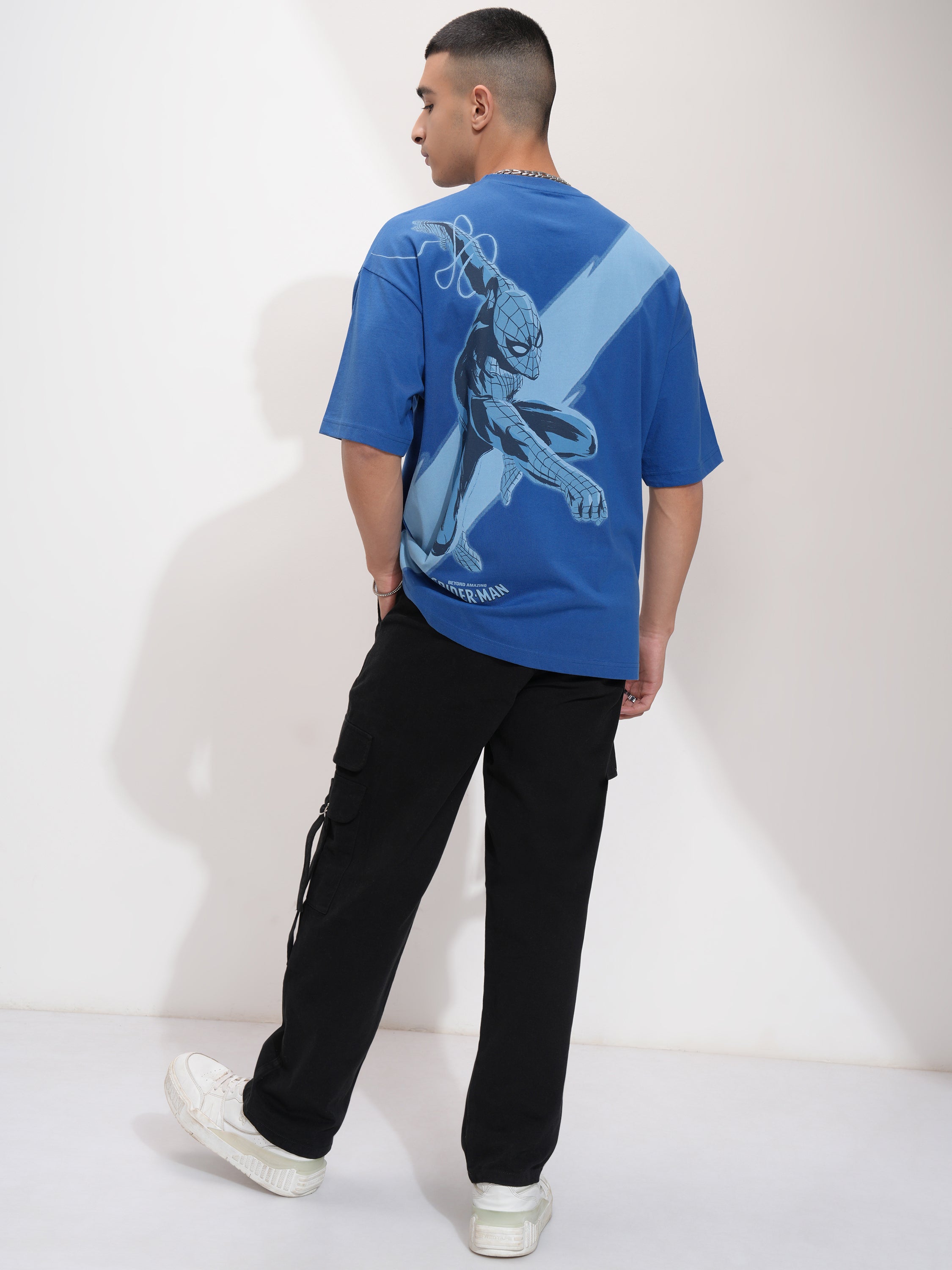 Marvel By Highlander Men Blue Spider-Man Printed Round Neck Oversized Fit T-Shirt - Blue - Image 2