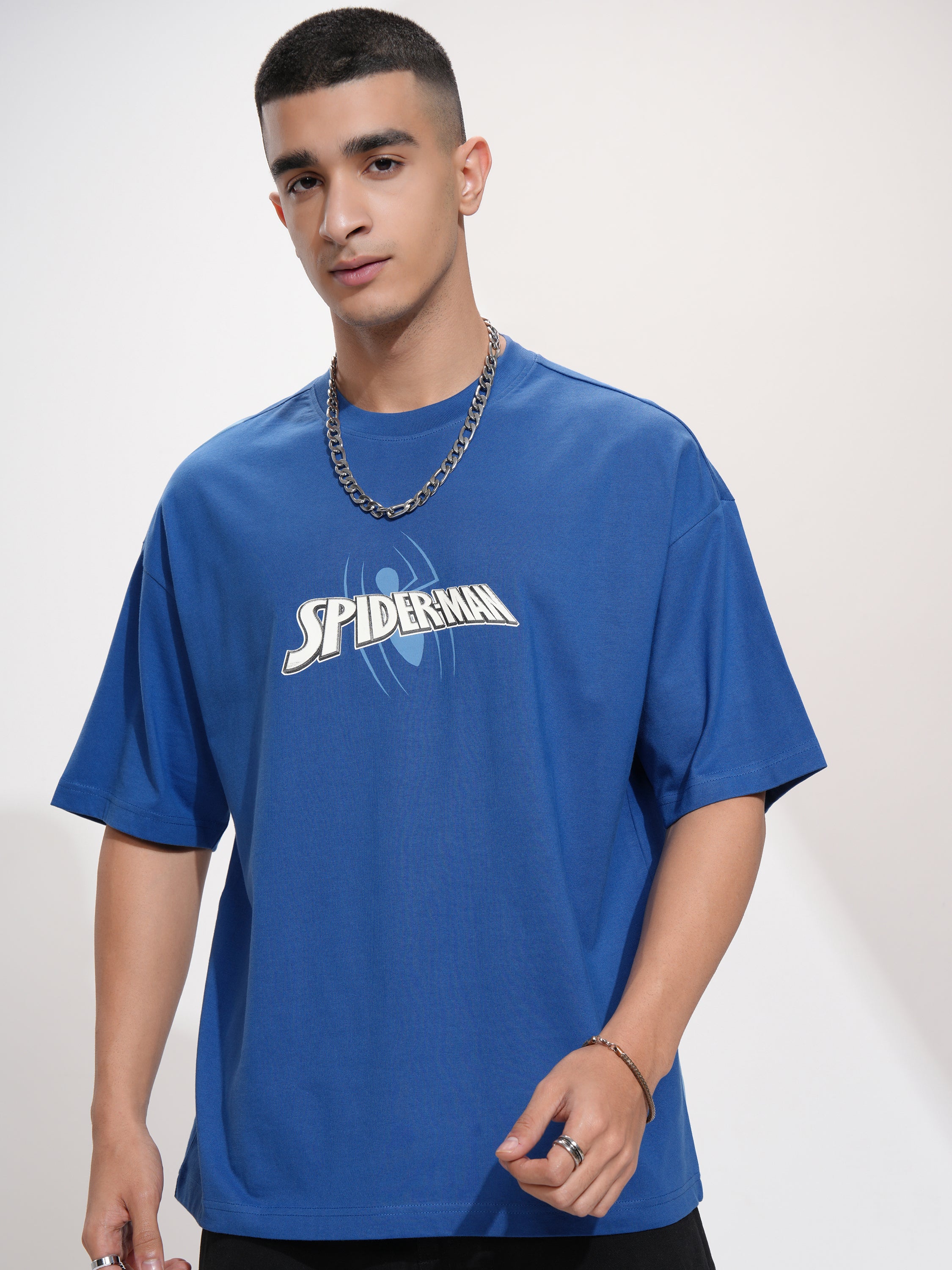 Marvel By Highlander Men Blue Spider-Man Printed Round Neck Oversized Fit T-Shirt - Blue - Image 3