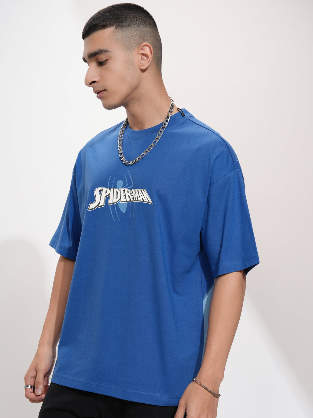 Marvel By Highlander Men Blue Spider-Man Printed Round Neck Oversized Fit T-Shirt - Blue - Image 4