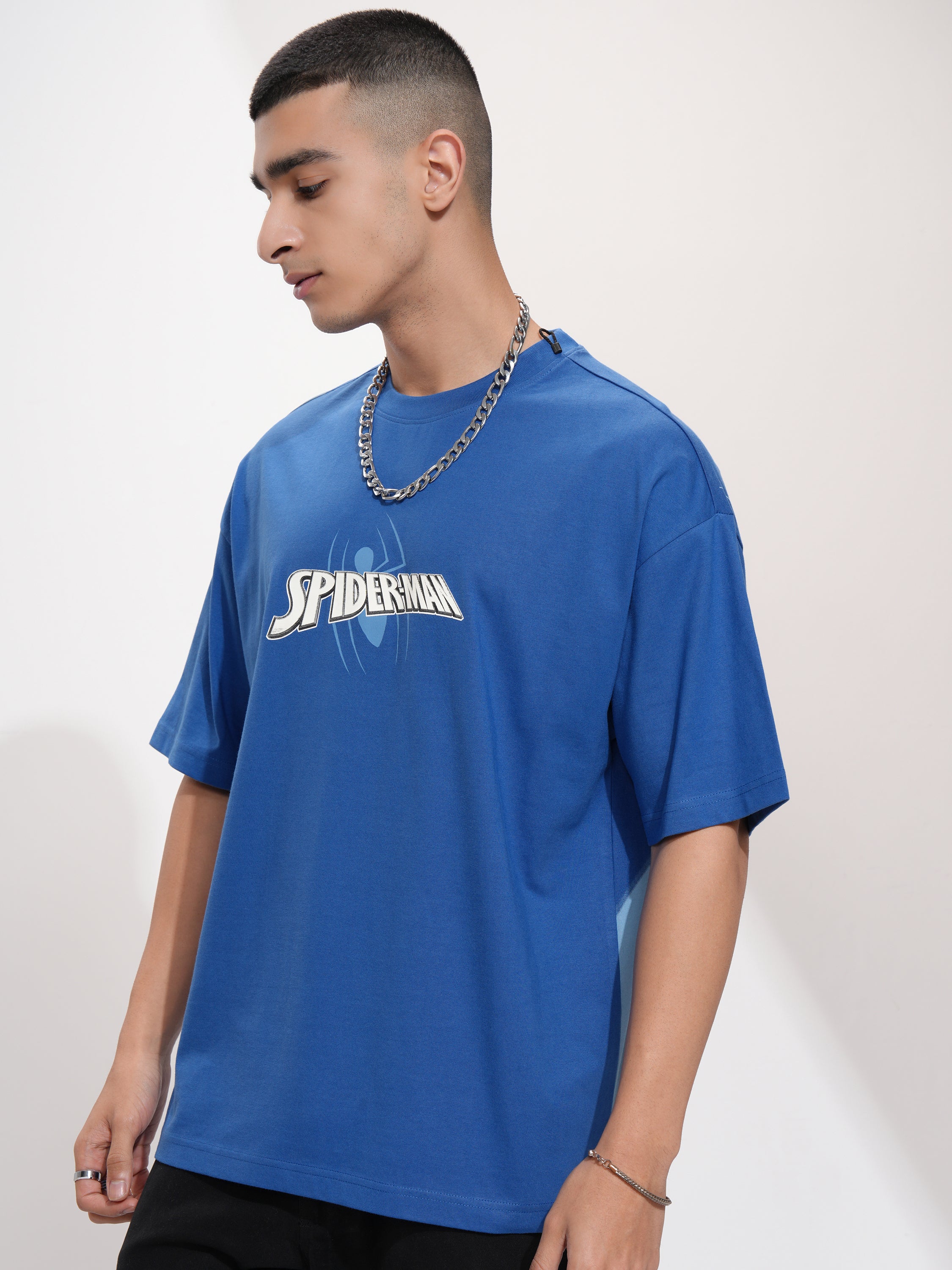 Marvel By Highlander Men Blue Spider-Man Printed Round Neck Oversized Fit T-Shirt - Blue - Image 4