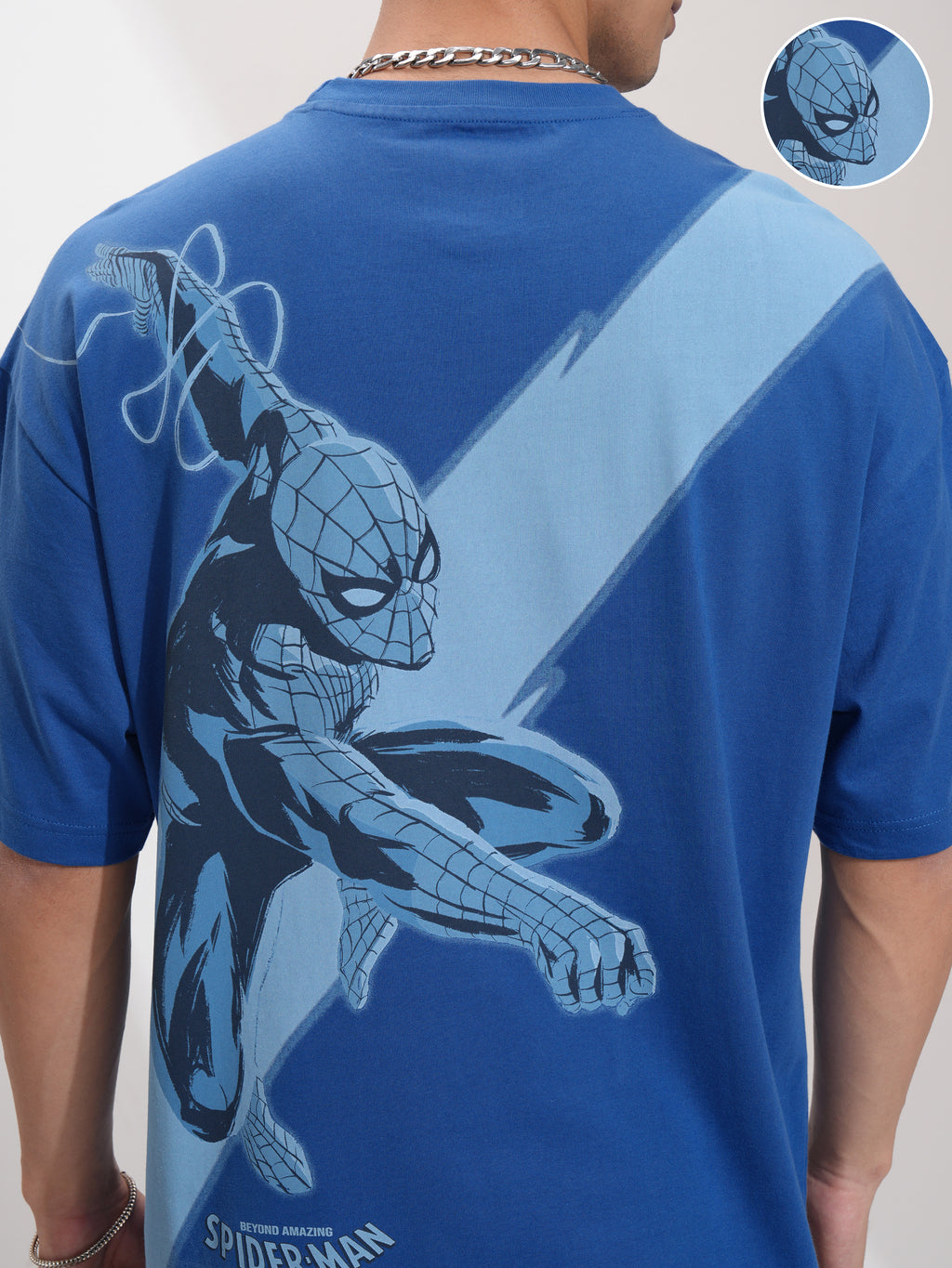Marvel By Highlander Men Blue Spider-Man Printed Round Neck Oversized Fit T-Shirt - Blue - Image 5