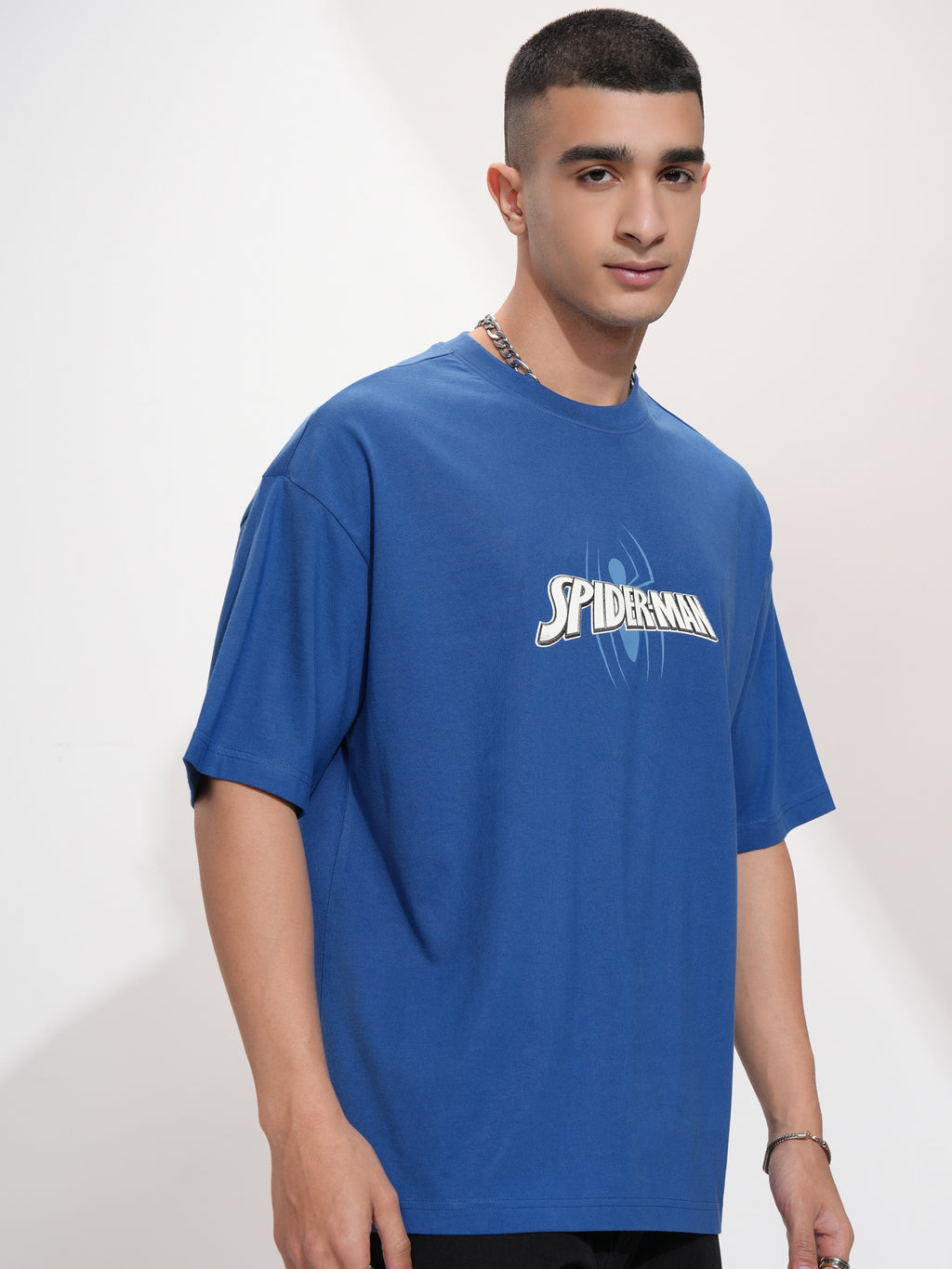 Marvel By Highlander Men Blue Spider-Man Printed Round Neck Oversized Fit T-Shirt - Blue - Image 6