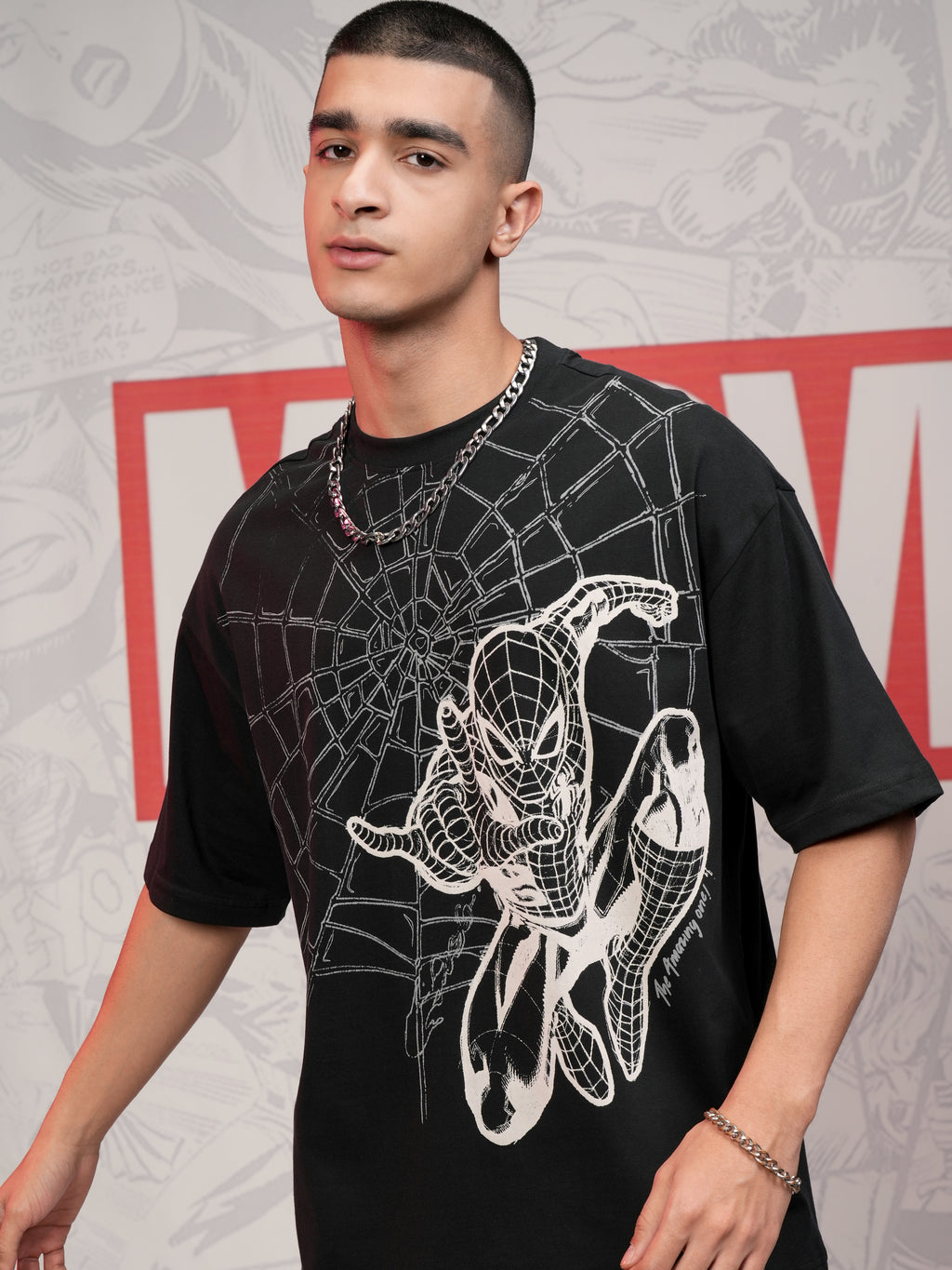Marvel By Highlander Men Black Spider-Man Printed Round Neck Oversized Fit T-Shirt - Black - Image 1