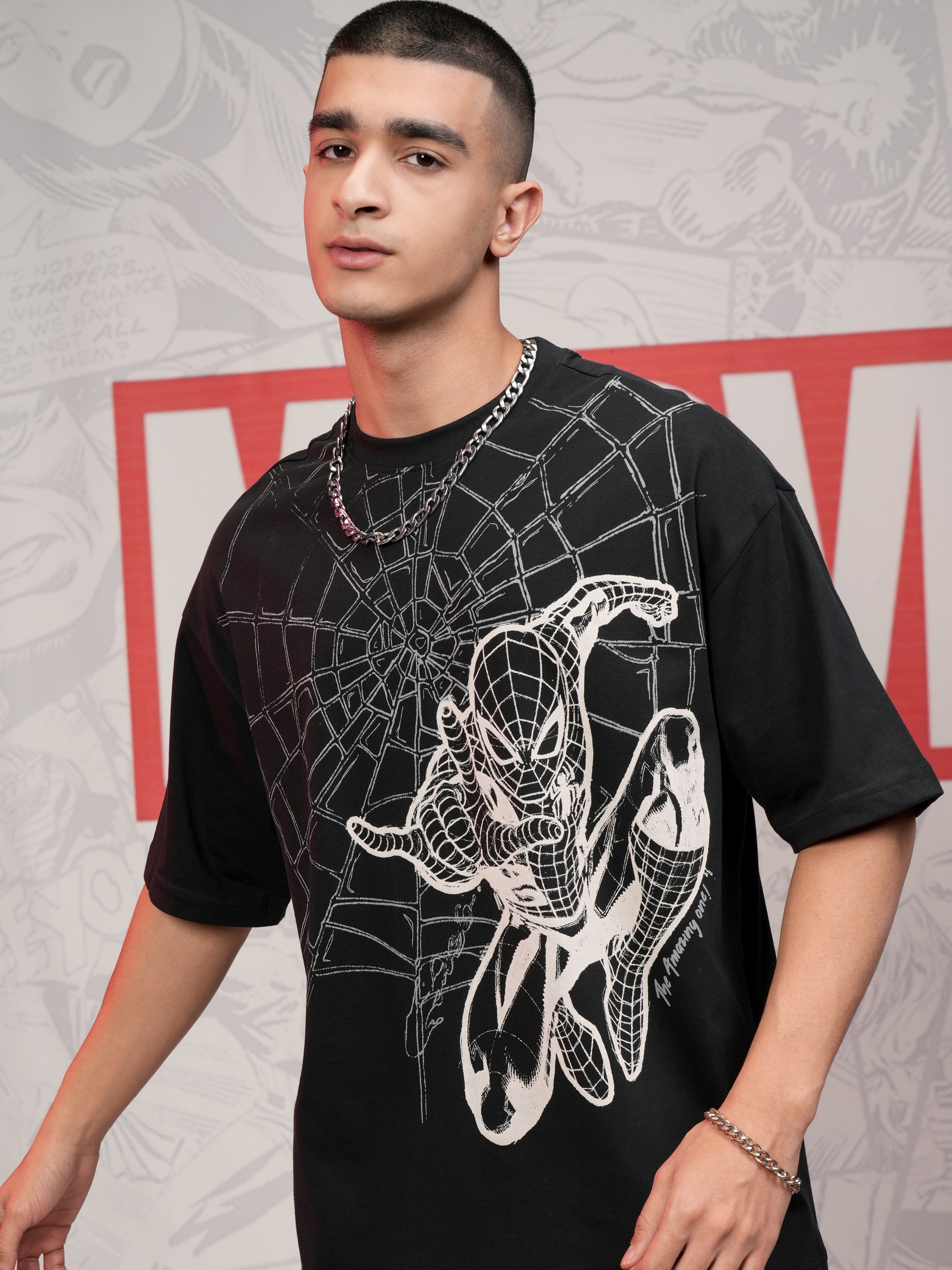 Marvel By Highlander Men Black Spider-Man Printed Round Neck Oversized Fit T-Shirt - Black - Image 1