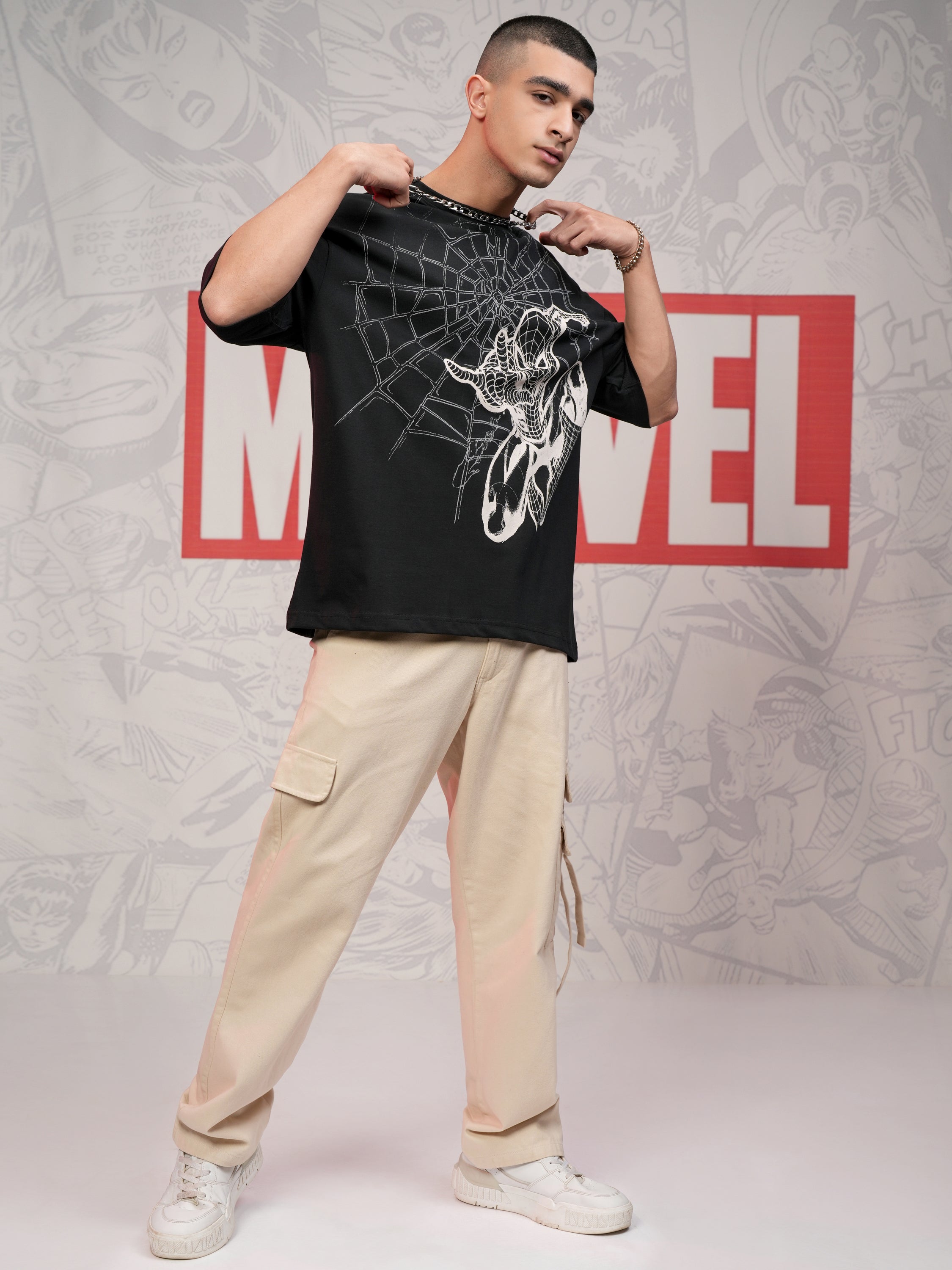 Marvel By Highlander Men Black Spider-Man Printed Round Neck Oversized Fit T-Shirt - Black - Image 2