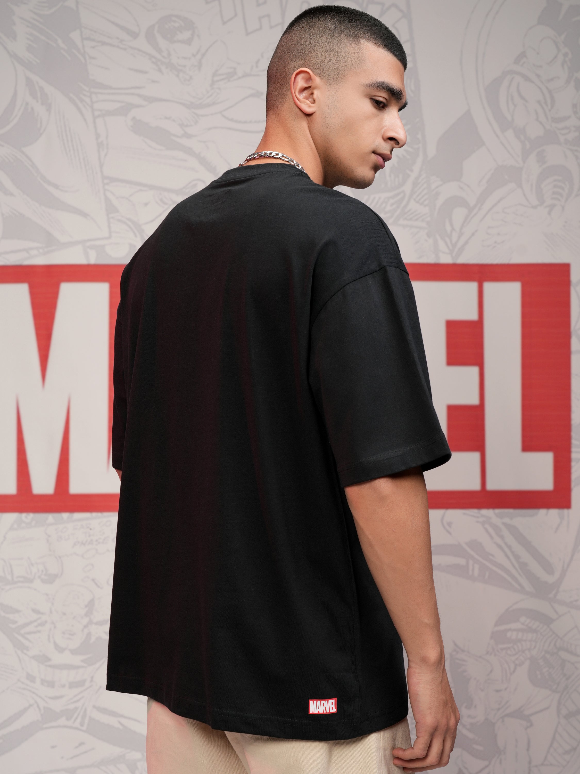 Marvel By Highlander Men Black Spider-Man Printed Round Neck Oversized Fit T-Shirt - Black - Image 3