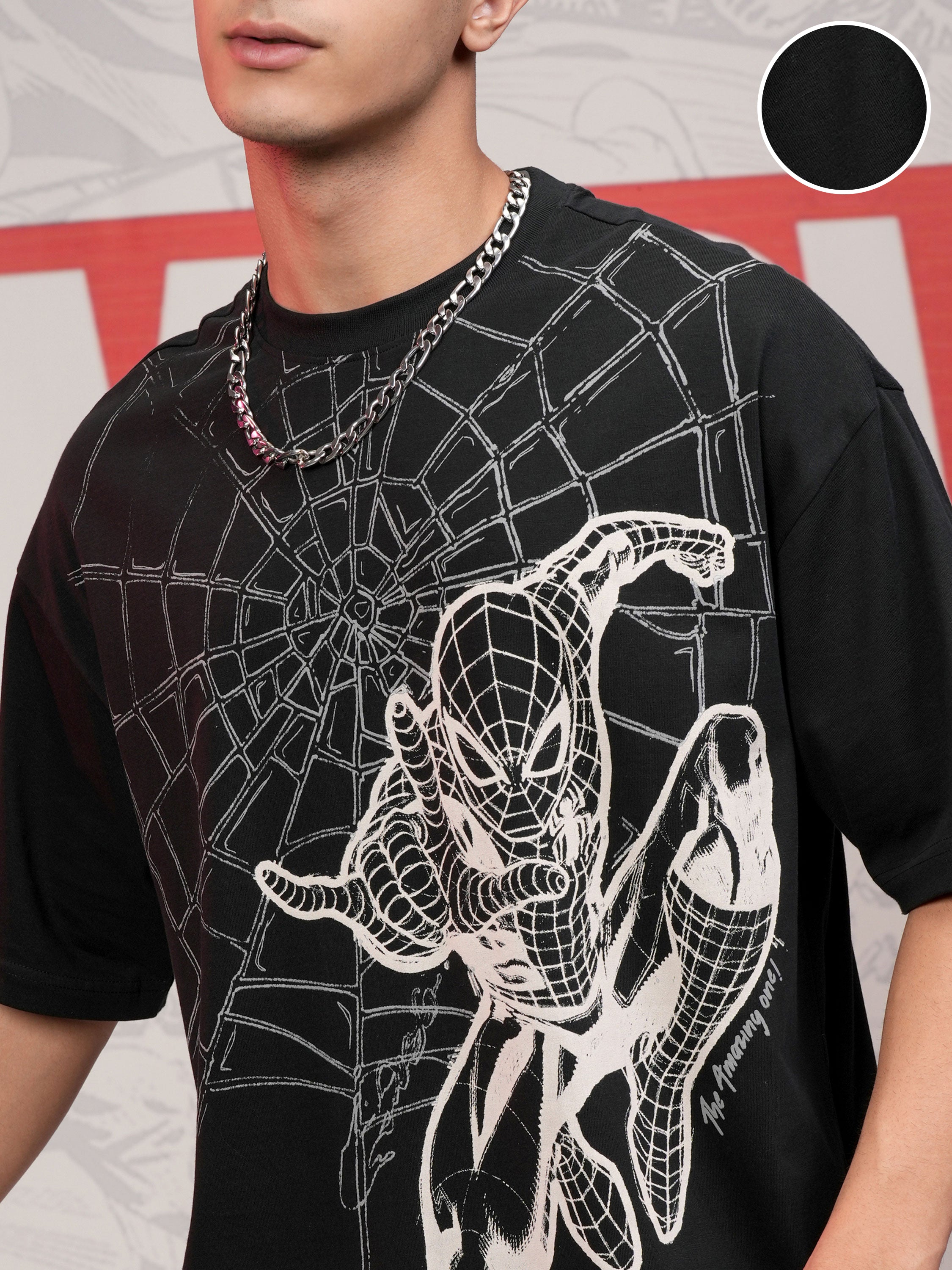 Marvel By Highlander Men Black Spider-Man Printed Round Neck Oversized Fit T-Shirt - Black - Image 5