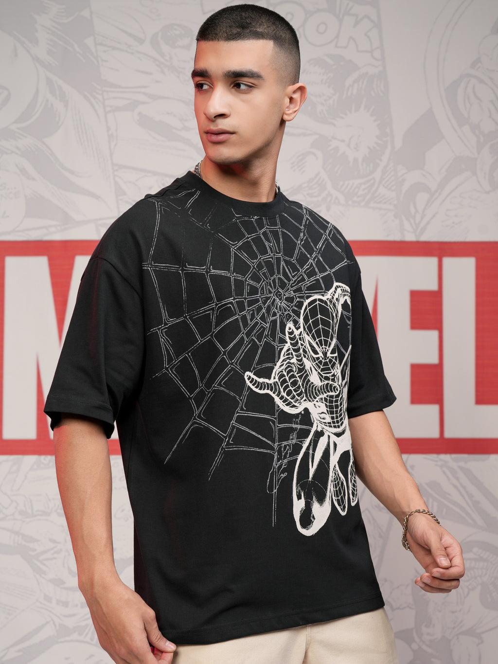 Marvel By Highlander Men Black Spider-Man Printed Round Neck Oversized Fit T-Shirt - Black - Image 6