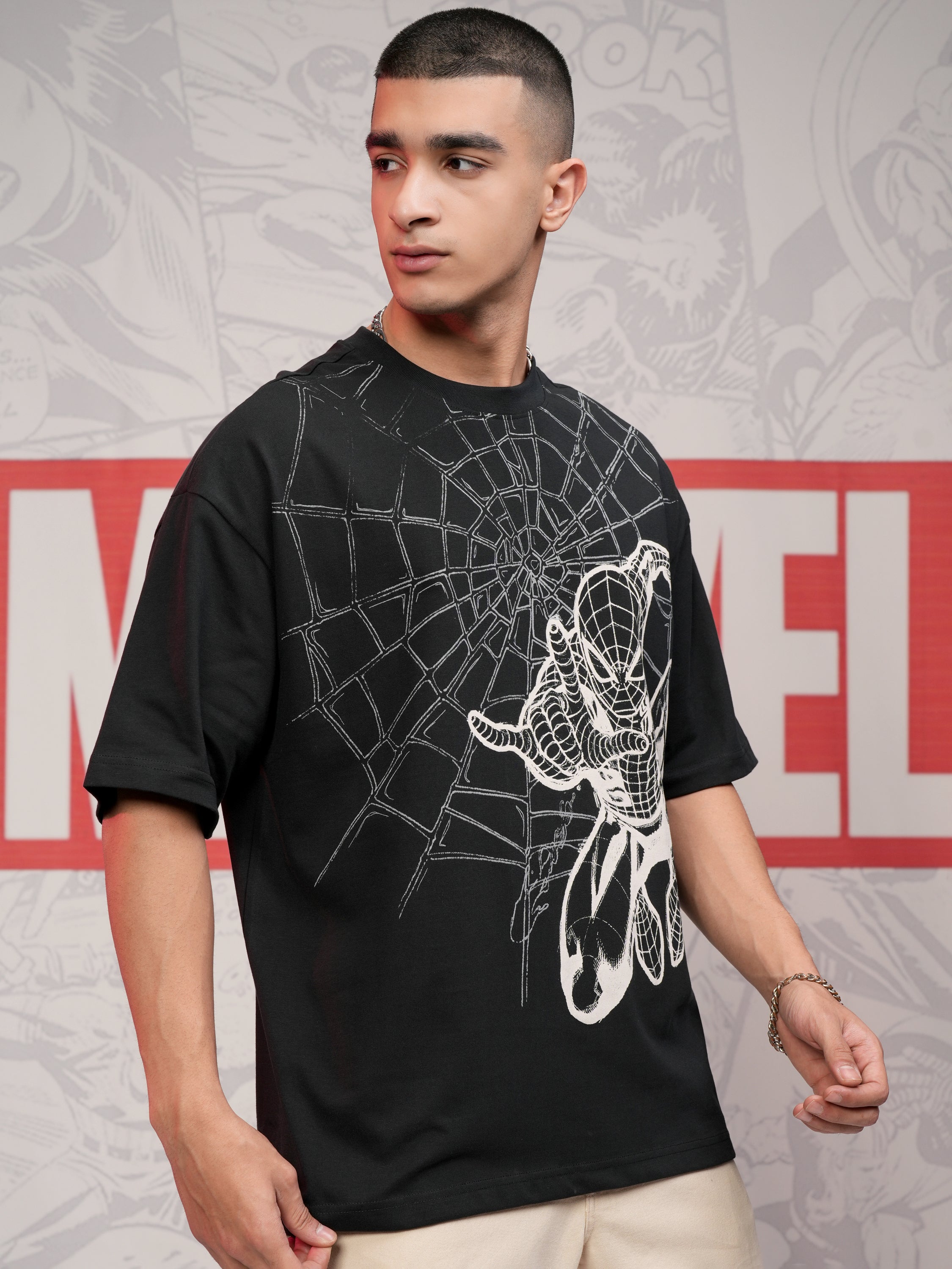 Marvel By Highlander Men Black Spider-Man Printed Round Neck Oversized Fit T-Shirt - Black - Image 6
