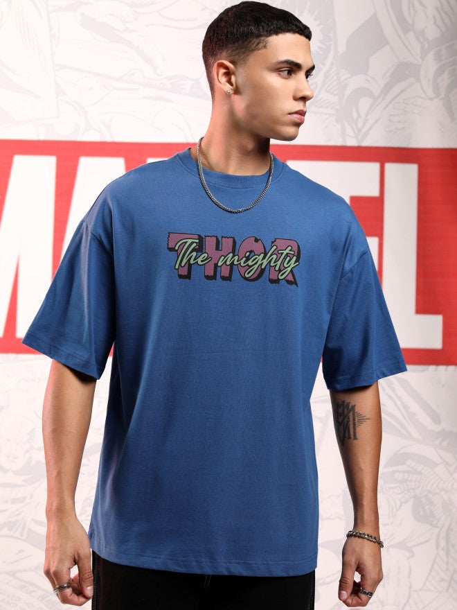 Marvel By Highlander Men Blue Thor Printed Round Neck Oversized Fit T-Shirt - Blue - Image 3