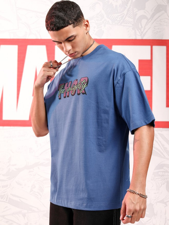 Marvel By Highlander Men Blue Thor Printed Round Neck Oversized Fit T-Shirt - Blue - Image 4