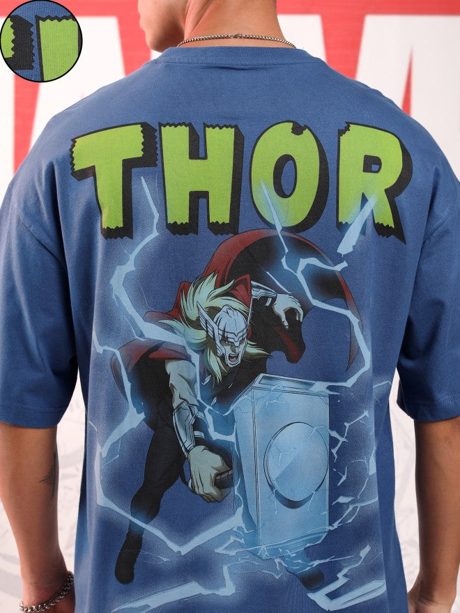 Marvel By Highlander Men Blue Thor Printed Round Neck Oversized Fit T-Shirt - Blue - Image 5