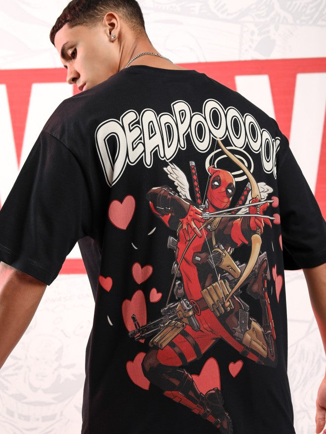 Marvel By Highlander Men Black Deadpool Printed Round Neck Oversized Fit T-Shirt - Black - Image 1