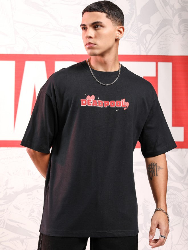 Marvel By Highlander Men Black Deadpool Printed Round Neck Oversized Fit T-Shirt - Black - Image 3