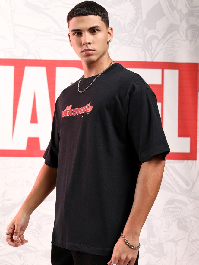 Marvel By Highlander Men Black Deadpool Printed Round Neck Oversized Fit T-Shirt - Black - Image 4