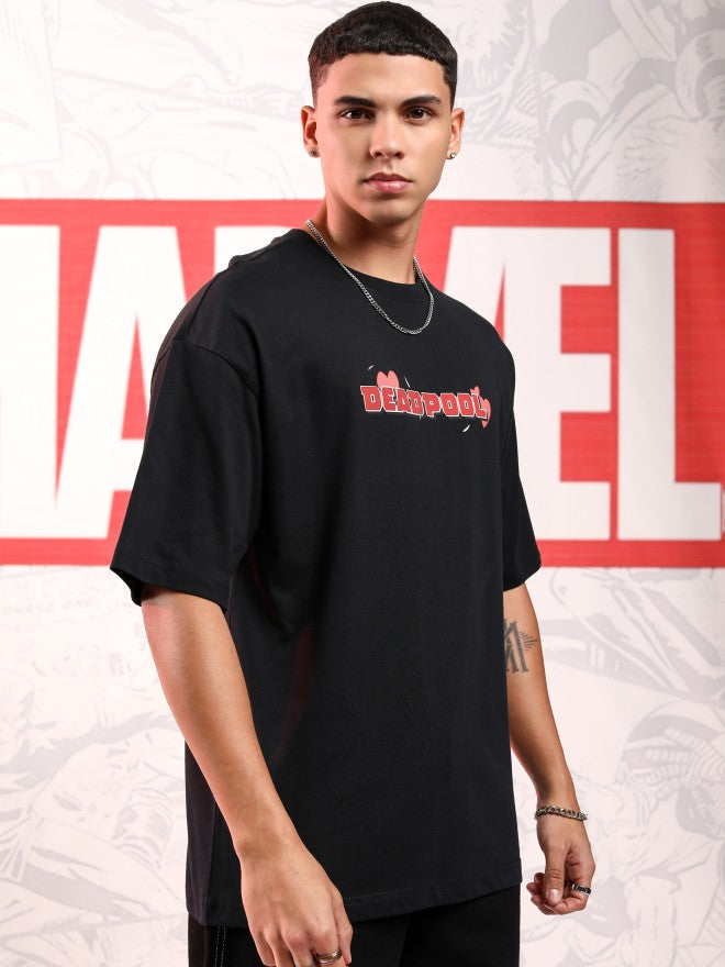 Marvel By Highlander Men Black Deadpool Printed Round Neck Oversized Fit T-Shirt - Black - Image 6